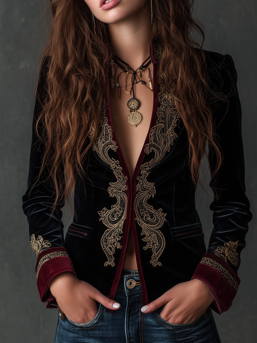 Classic Baroque Velvet Blazer with Embroidery
