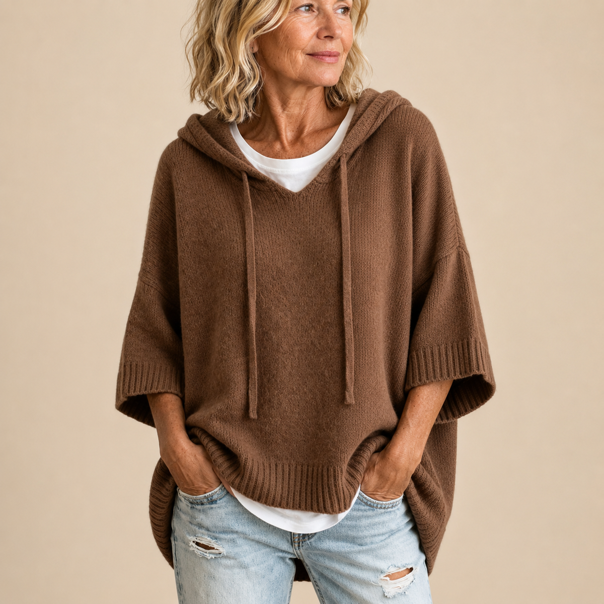 Audrey | Knit Poncho with Hood and Three-Quarter Sleeves