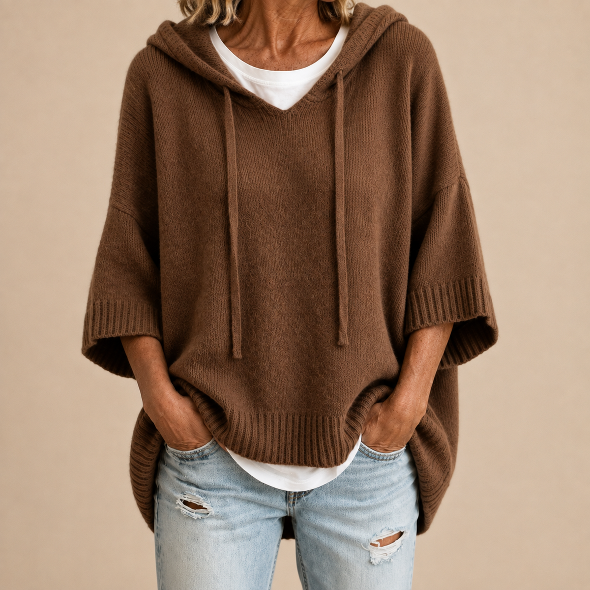Audrey | Knit Poncho with Hood and Three-Quarter Sleeves