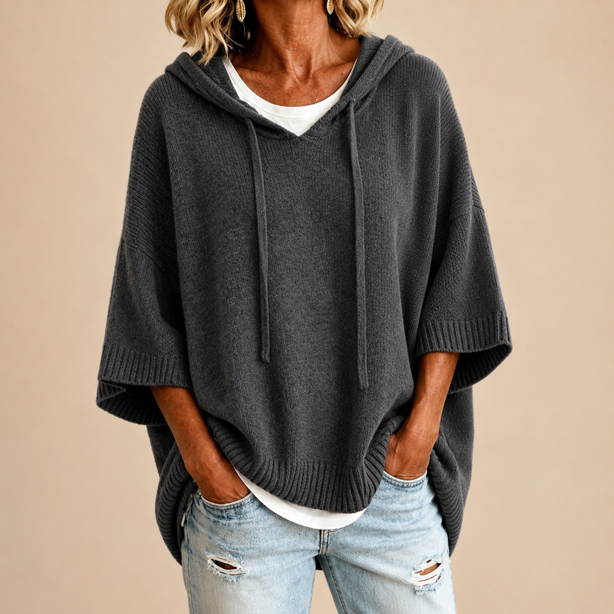 Audrey | Knit Poncho with Hood and Three-Quarter Sleeves