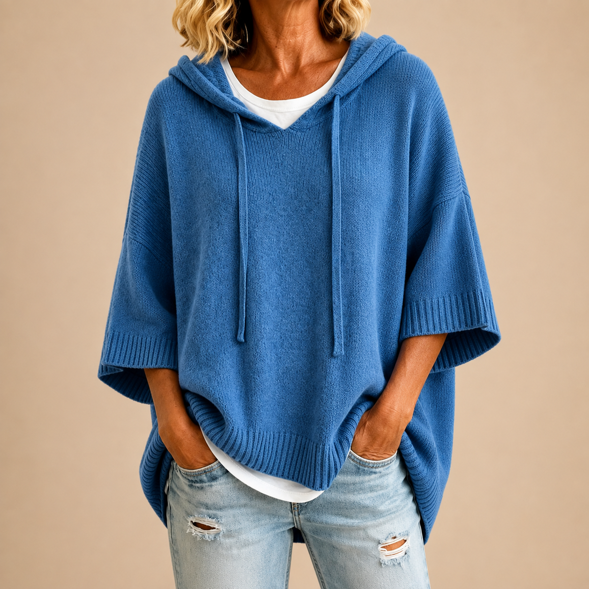 Audrey | Knit Poncho with Hood and Three-Quarter Sleeves