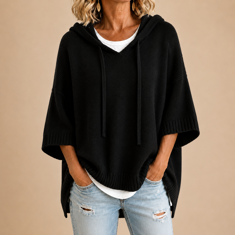 Audrey | Knit Poncho with Hood and Three-Quarter Sleeves