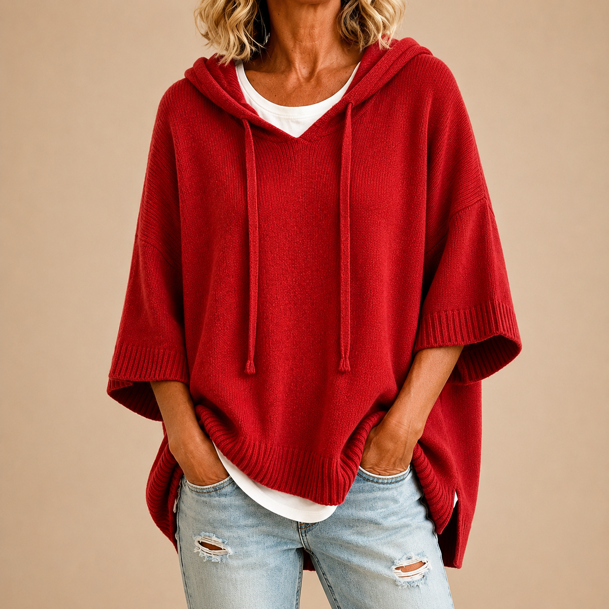 Audrey | Knit Poncho with Hood and Three-Quarter Sleeves