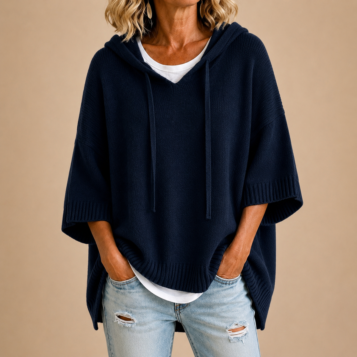 Audrey | Knit Poncho with Hood and Three-Quarter Sleeves