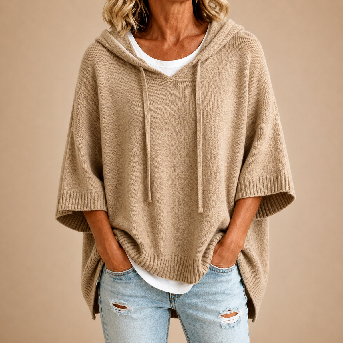 Audrey | Knit Poncho with Hood and Three-Quarter Sleeves