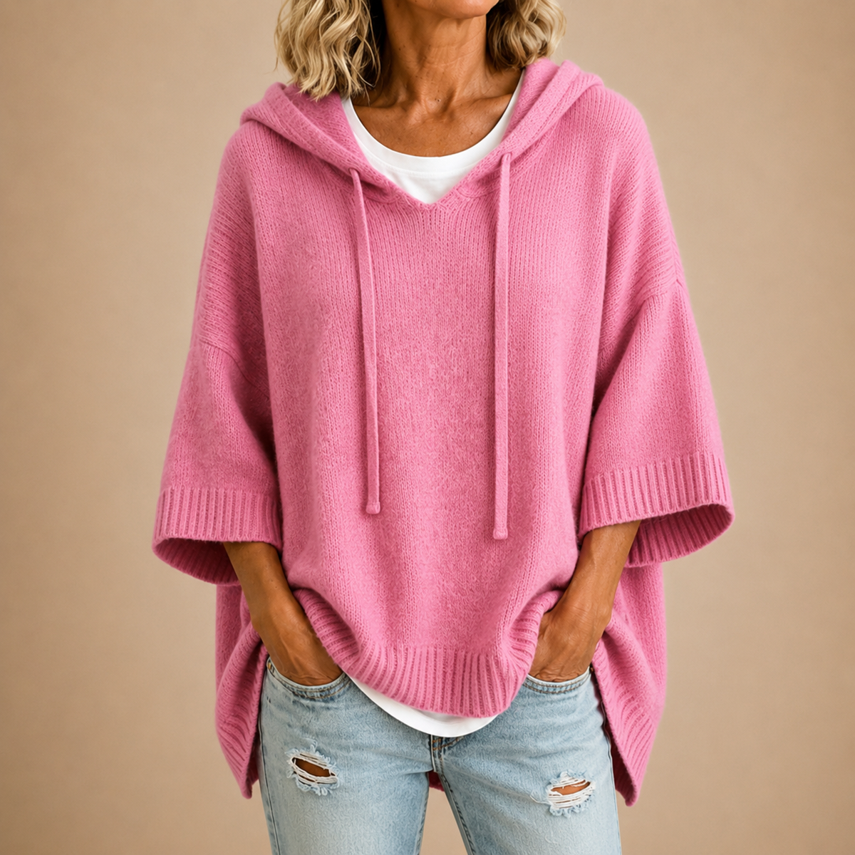 Audrey | Knit Poncho with Hood and Three-Quarter Sleeves