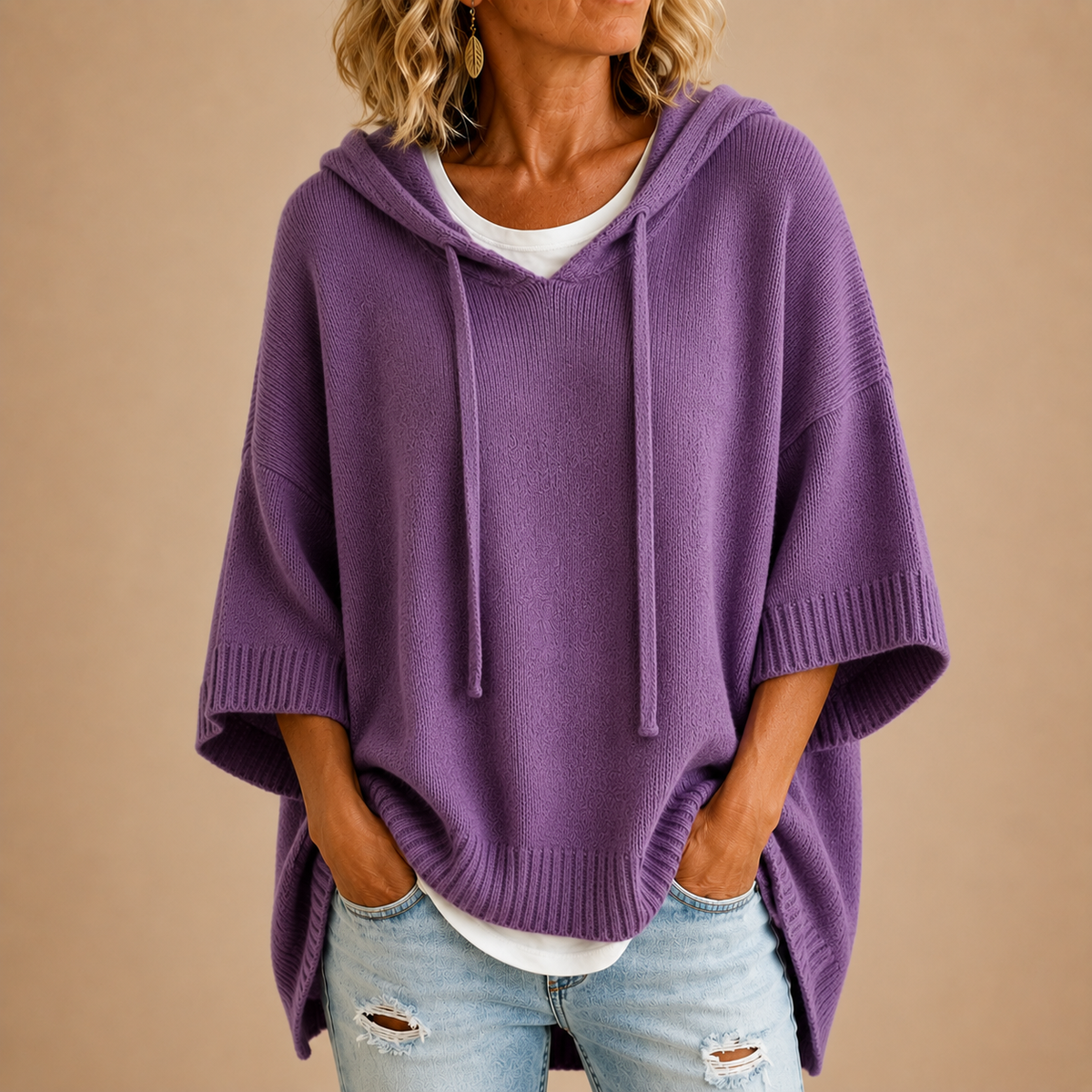 Audrey | Knit Poncho with Hood and Three-Quarter Sleeves