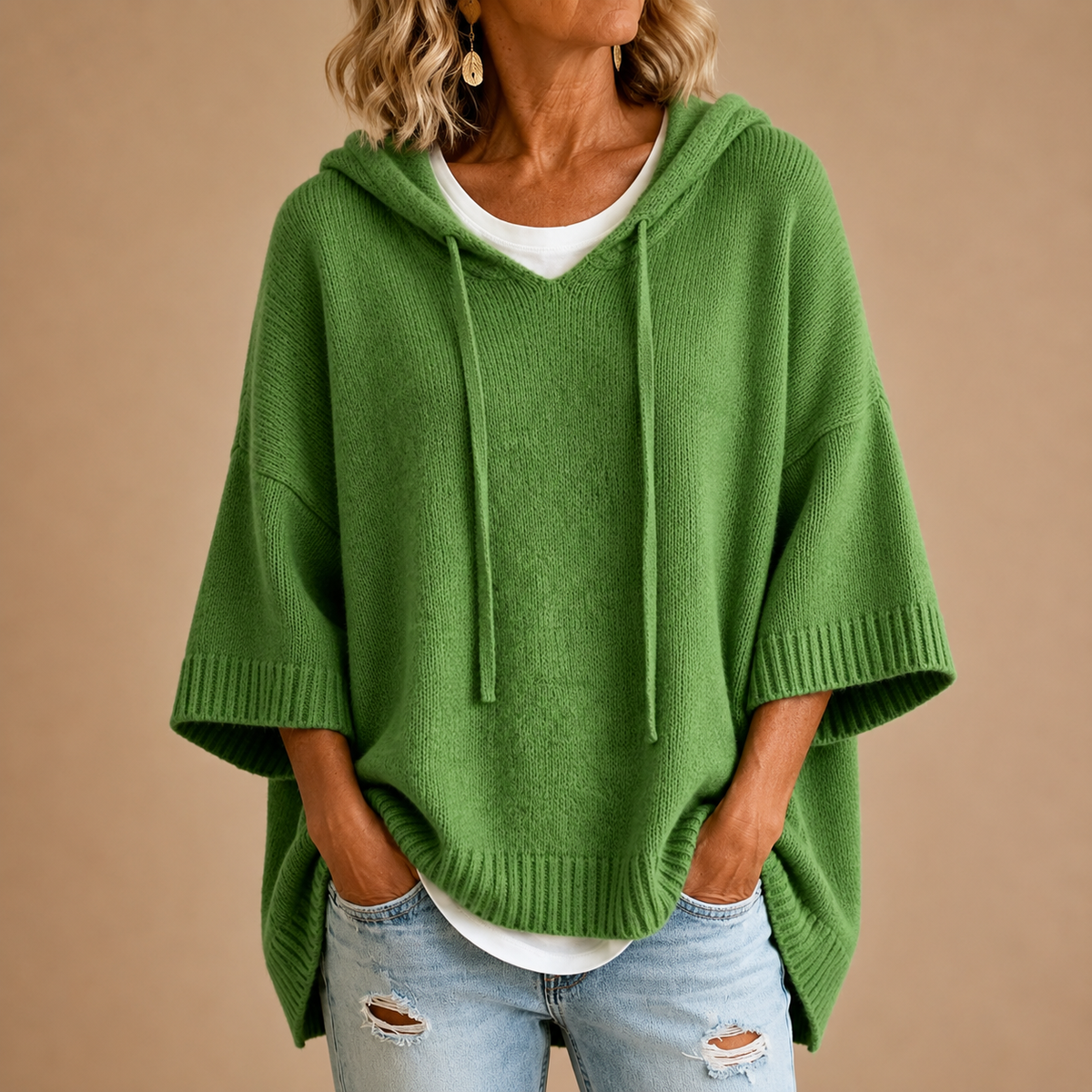 Audrey | Knit Poncho with Hood and Three-Quarter Sleeves