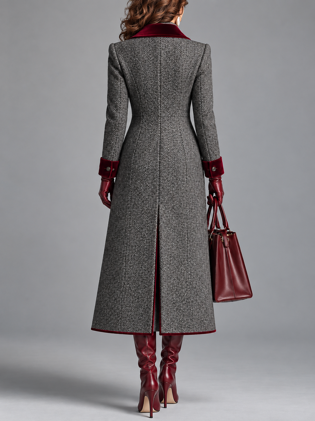 The Heritage™ | Elegant Herringbone Wool Long Coat with Burgundy Velvet Trim
