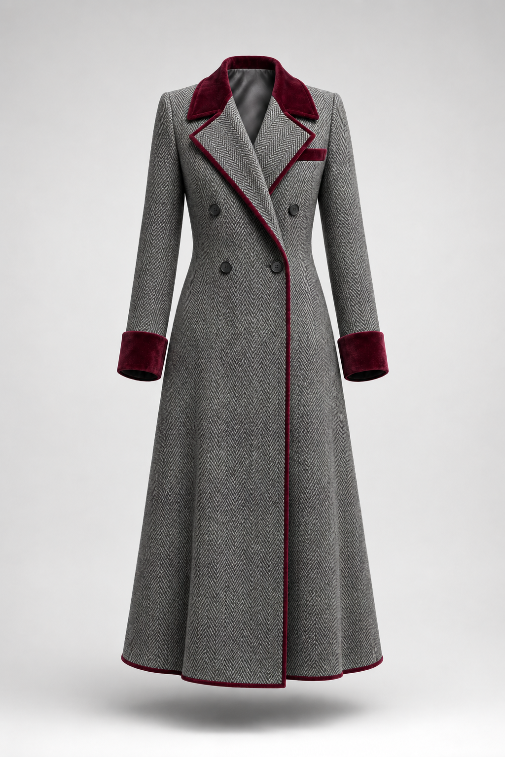 The Heritage™ | Elegant Herringbone Wool Long Coat with Burgundy Velvet Trim