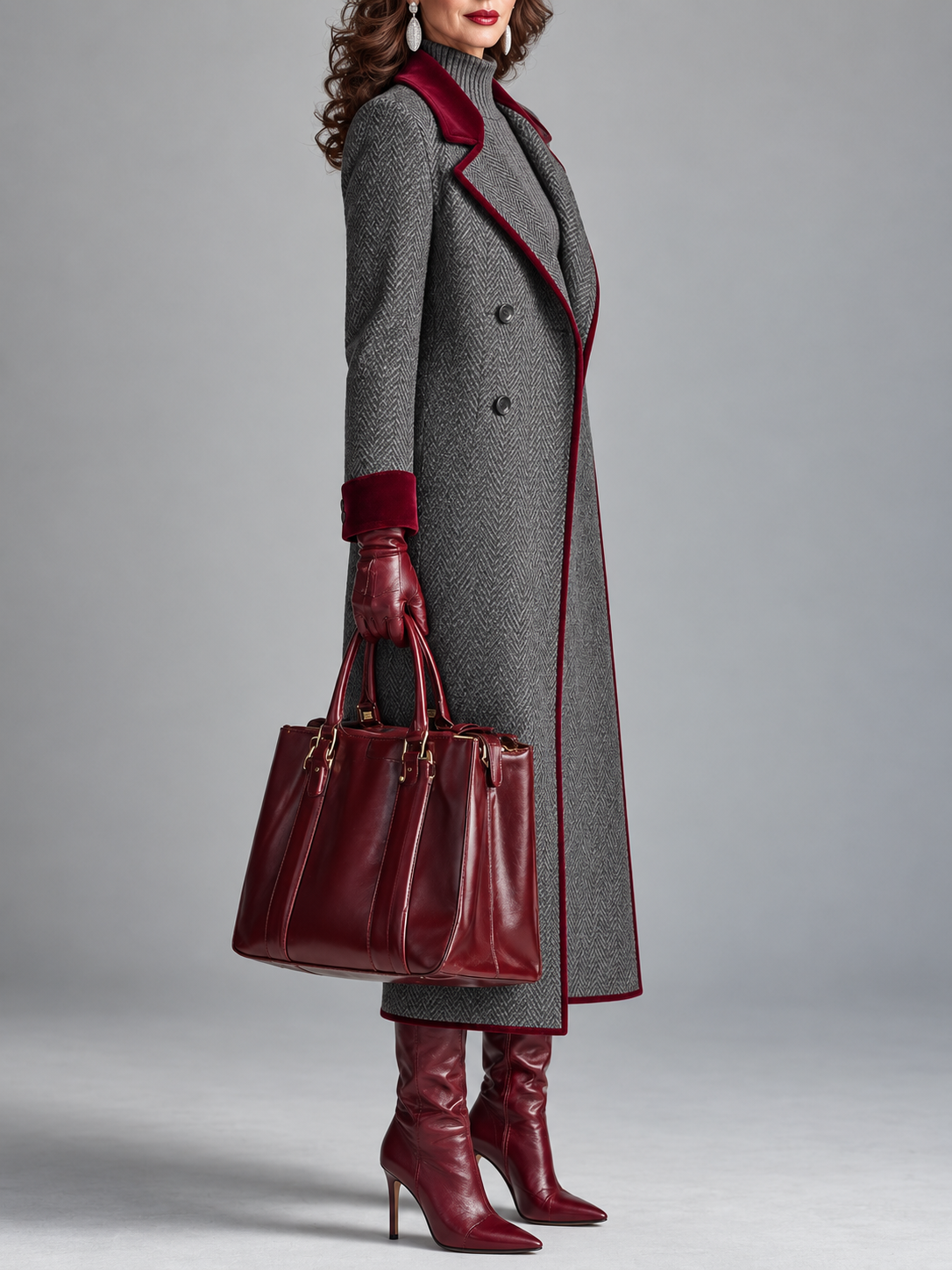 The Heritage™ | Elegant Herringbone Wool Long Coat with Burgundy Velvet Trim