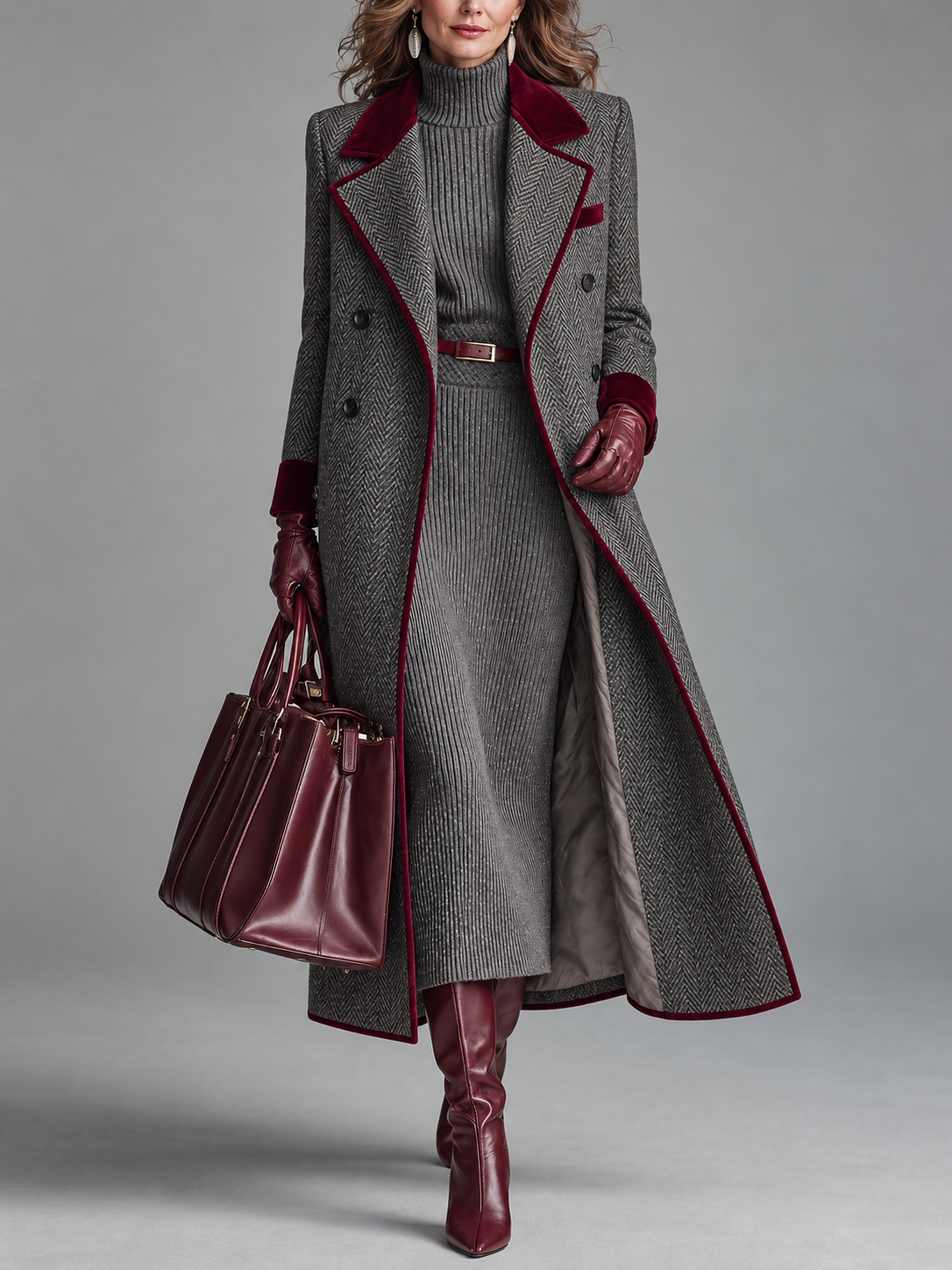 The Heritage™ | Elegant Herringbone Wool Long Coat with Burgundy Velvet Trim