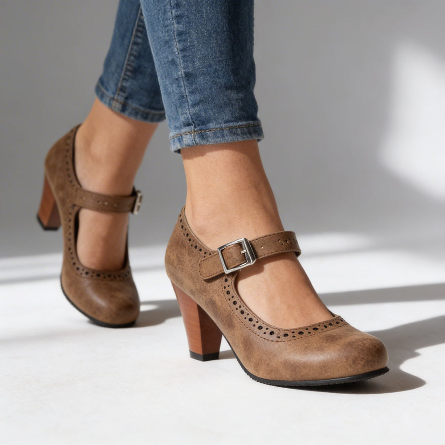 Corvin - Women's Mary Jane Block Heel Brogue Pump