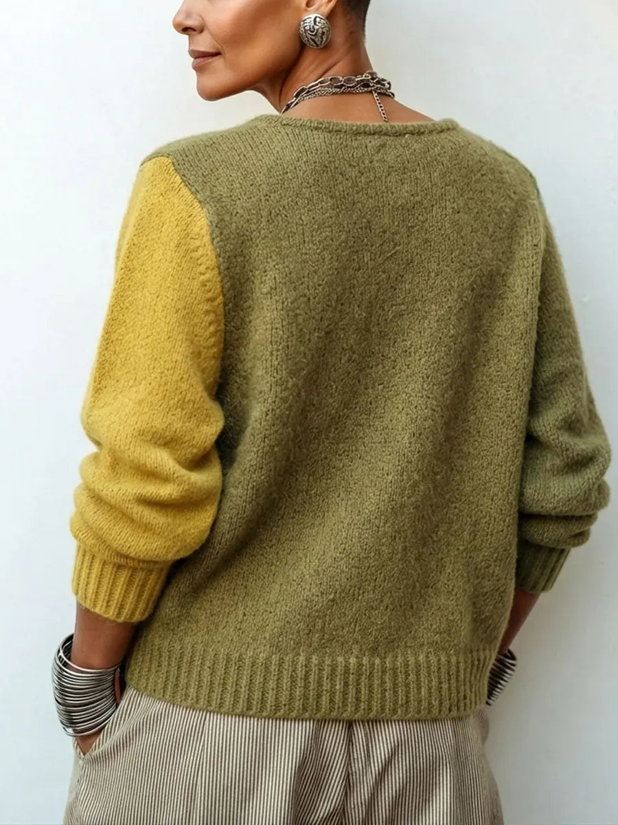 Olivia | Oversized Color-Block Cardigan in Knit, Olive Green and Mustard