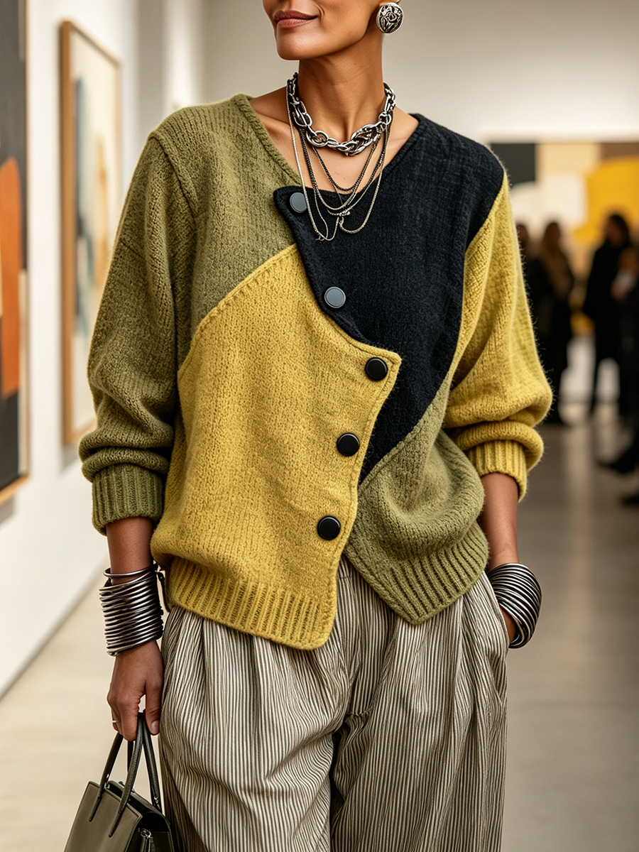 Olivia | Oversized Color-Block Cardigan in Knit, Olive Green and Mustard