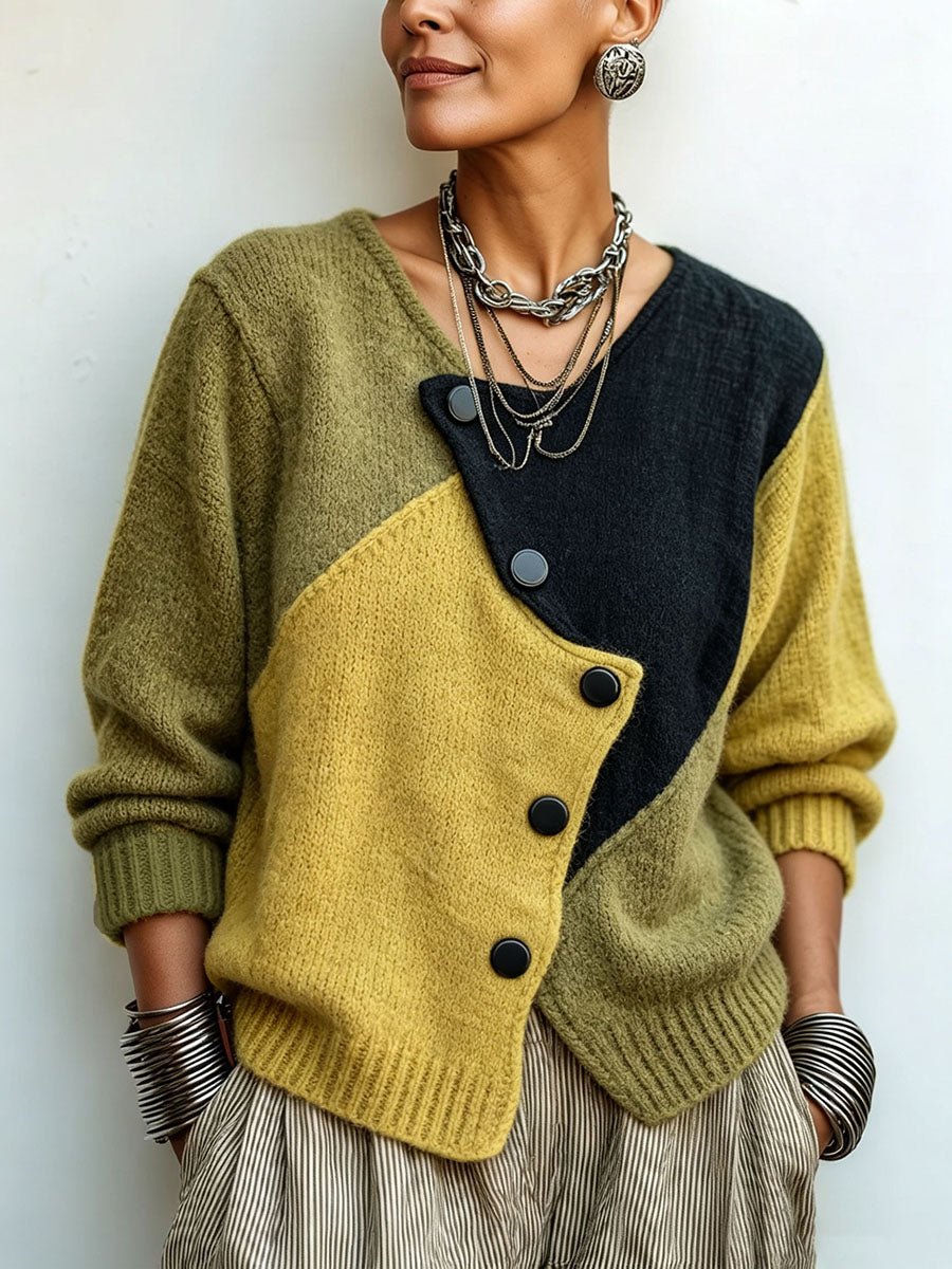 Olivia | Oversized Color-Block Cardigan in Knit, Olive Green and Mustard