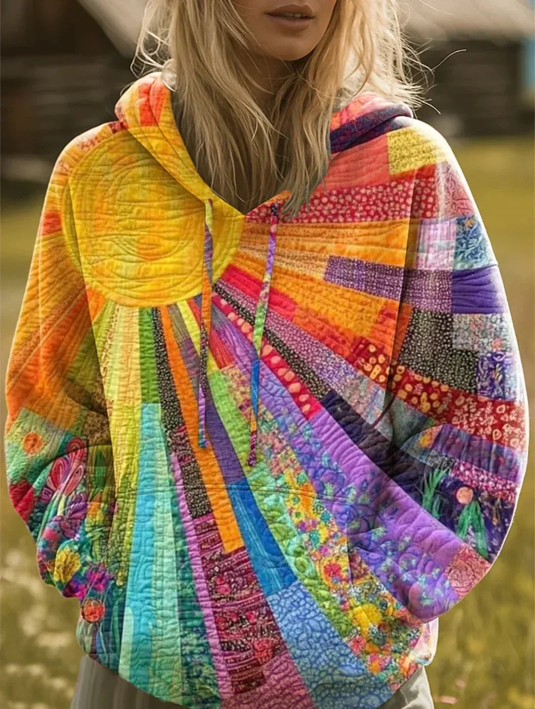 Dawnella | Multicolored Hoodie with Bohemian Patchwork Design
